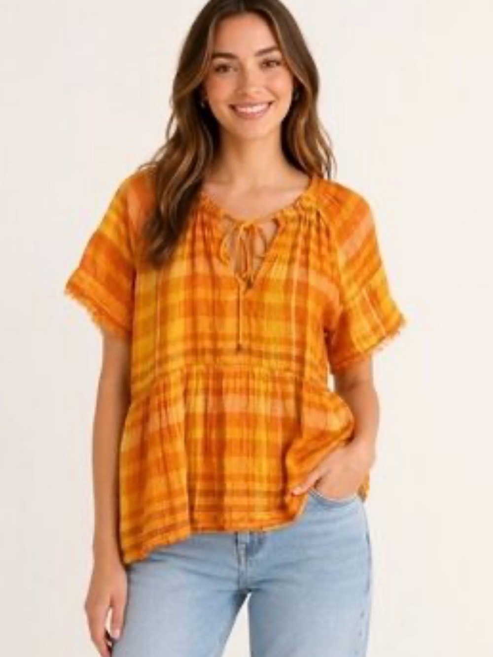 Pilcro Anthropologie Bette Plaid Babydoll Blouse Orange M